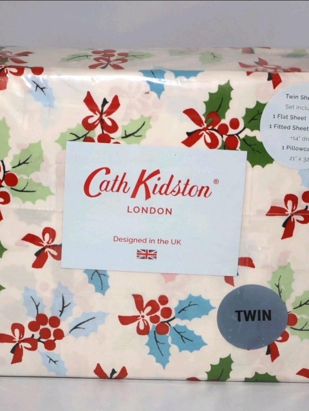 Cath Kidston London Christmas Holly Twin Size Sheet Set, 100% Cotton Brand New!